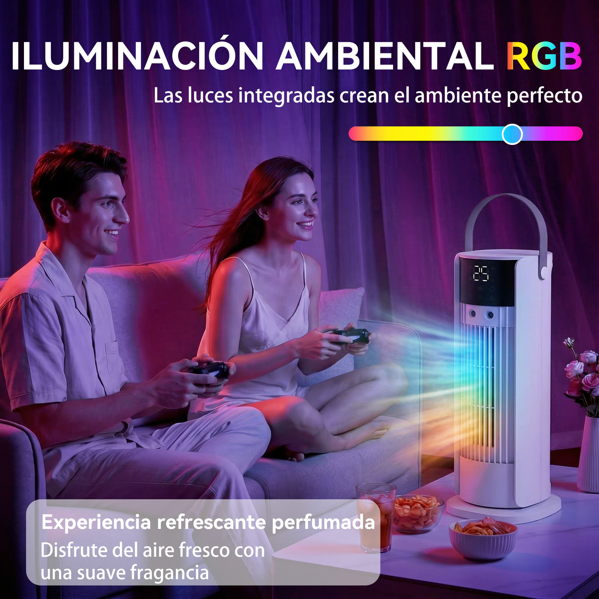 Ventilador de Escritorio con Niebla, Luz RGB, Ventilación de Mesa con 3 Velocidades, Oscilación de 90°, Temporizador de 10H, Control Remoto, Asa, para Dormitorios, Blanco