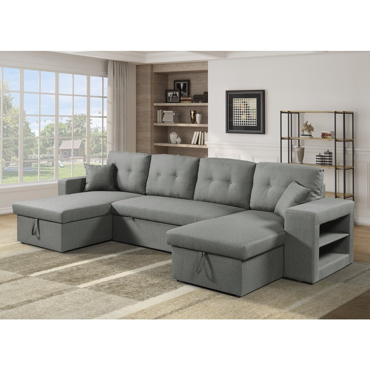 Canapé d'angle panoramique convertible en tissu "Axel" - 4 places - Gris