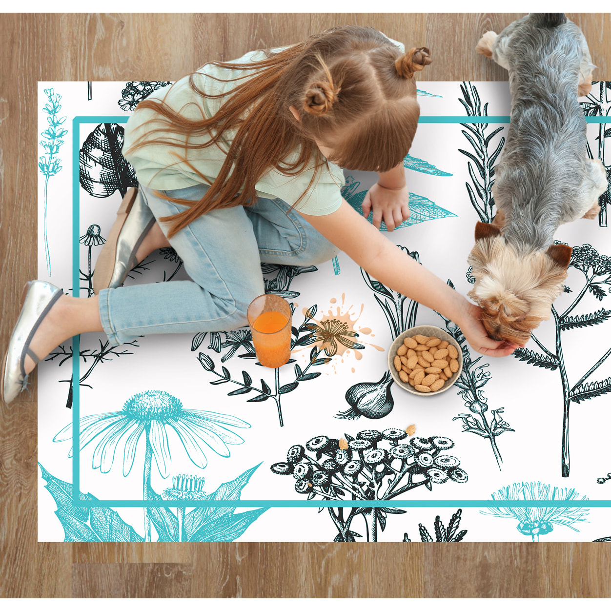 Alfombra de vinilo CERAMIKO, Plantas medicinales turquesa 66x150 cm