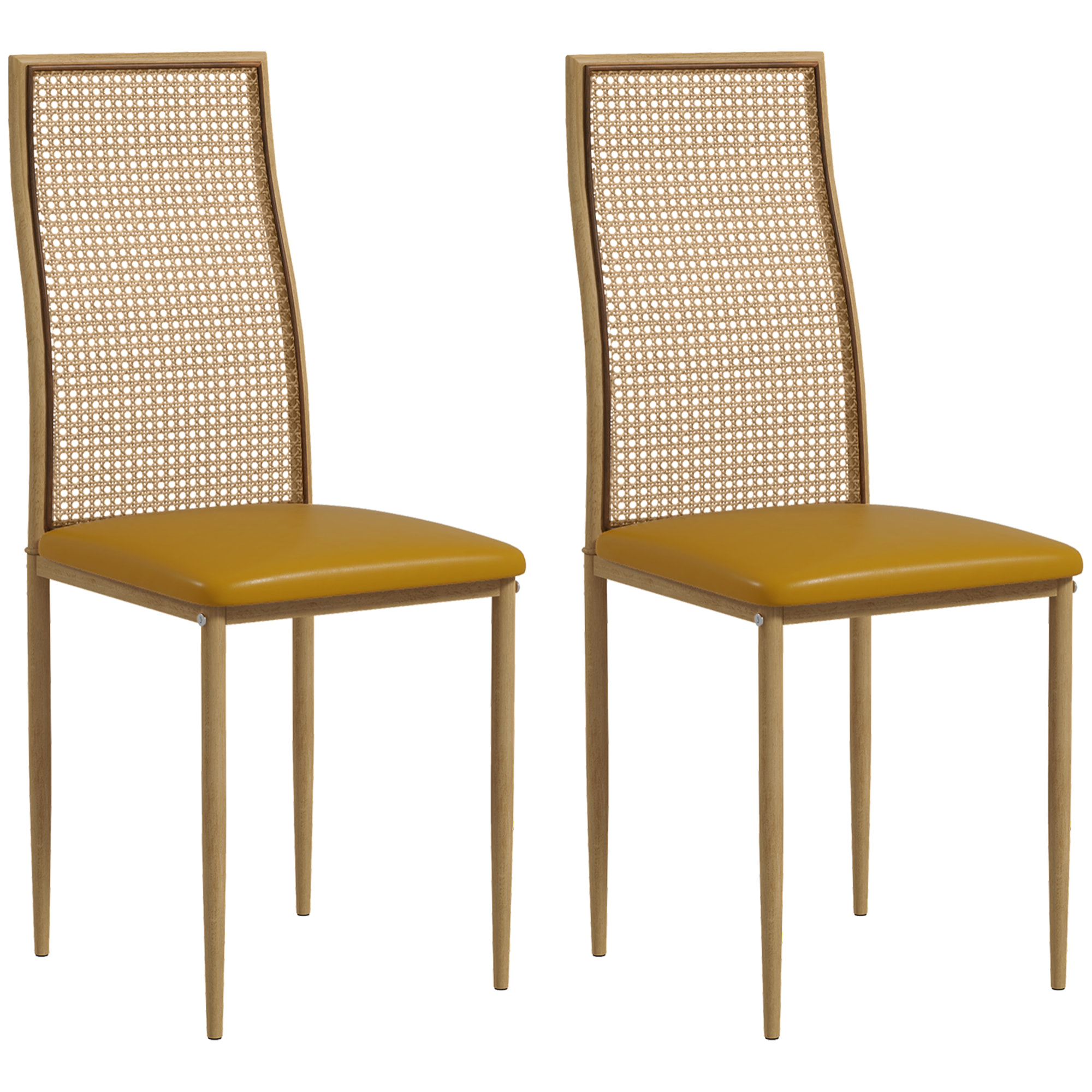 Juego de 2 Sillas de Comedor Sillas de Cocina Modernos con Respaldo de Ratán PE Asiento Tapizado de Cuero PU y Patas de Acero 40x50x97 cm Ocre