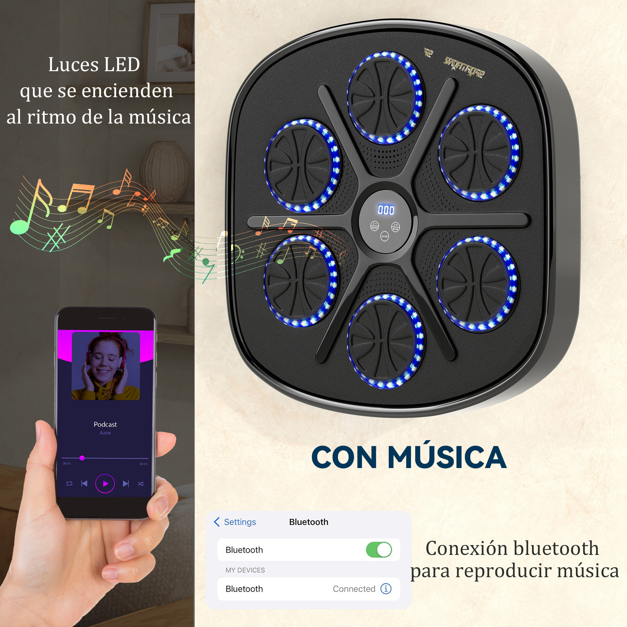 Boxeo Pared Musical con 9 Modos de Velocidad, Guantes y Conexión Bluetooth, Máquina Boxeo Musical Pared con Luces LED, para Adultos y Niños en Casa, Oficina, Gimnasio