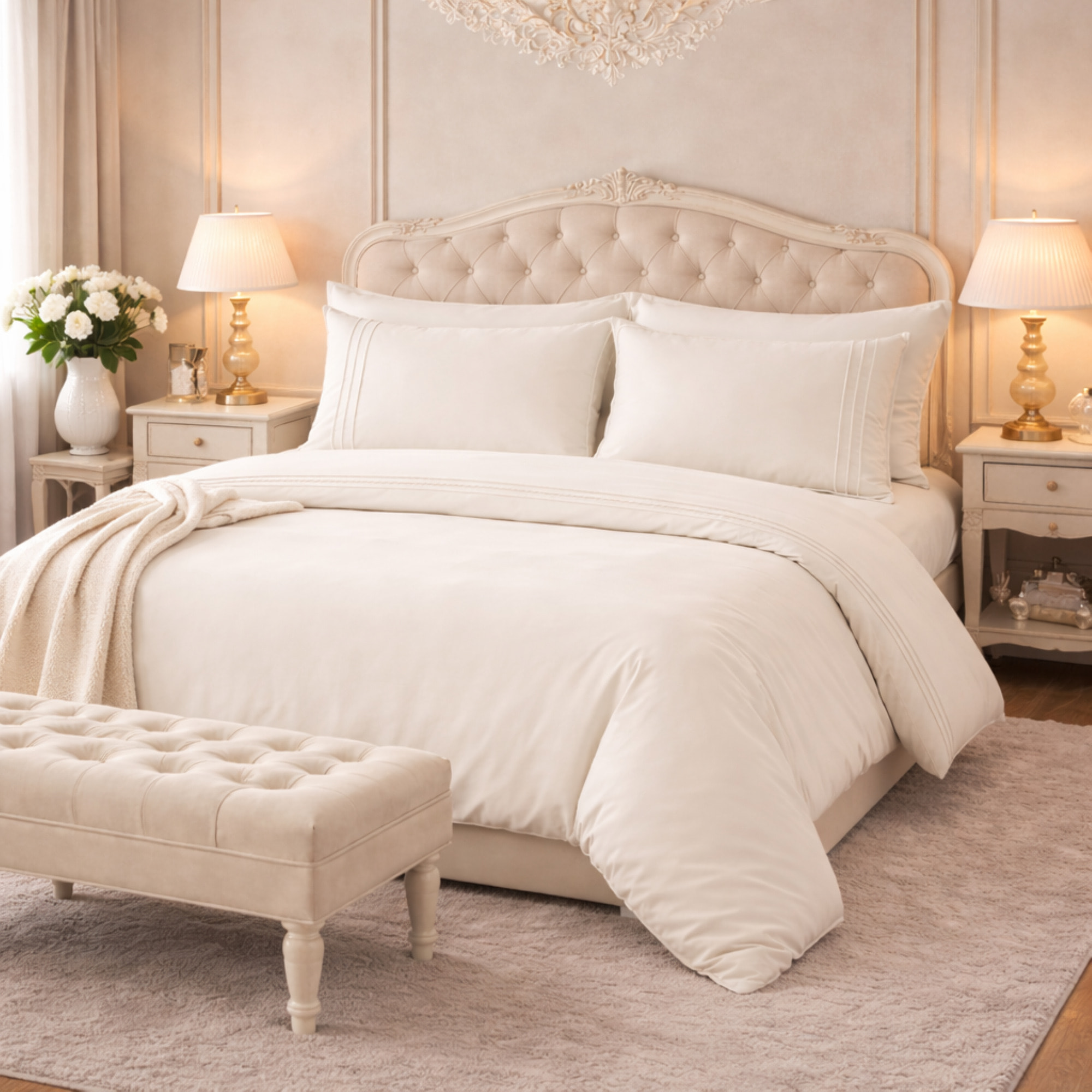 LAURA BIAGIOTTI Completo Set Lenzuola Floire Matrimoniali: L’Eleganza del Percalle firmata Hermet_avorio