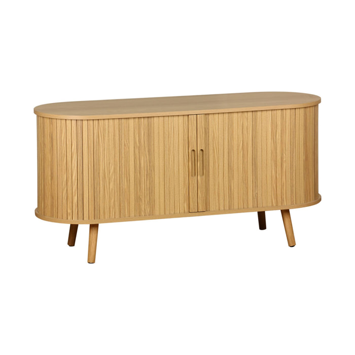 Meuble TV scandinave 2 portes coulissantes. 4 compartiments. effet bois rainuré naturel. L120 x 40 x 57 cm