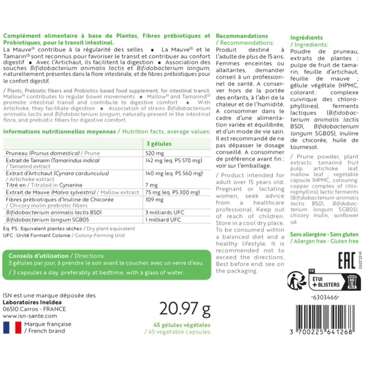 ISN - Transiregul - Complément alimentaire aux extraits de plantes - Contribue à la régularité des selles et à une meilleure digestion - Cure de 15 jours - 45 gélules végétales