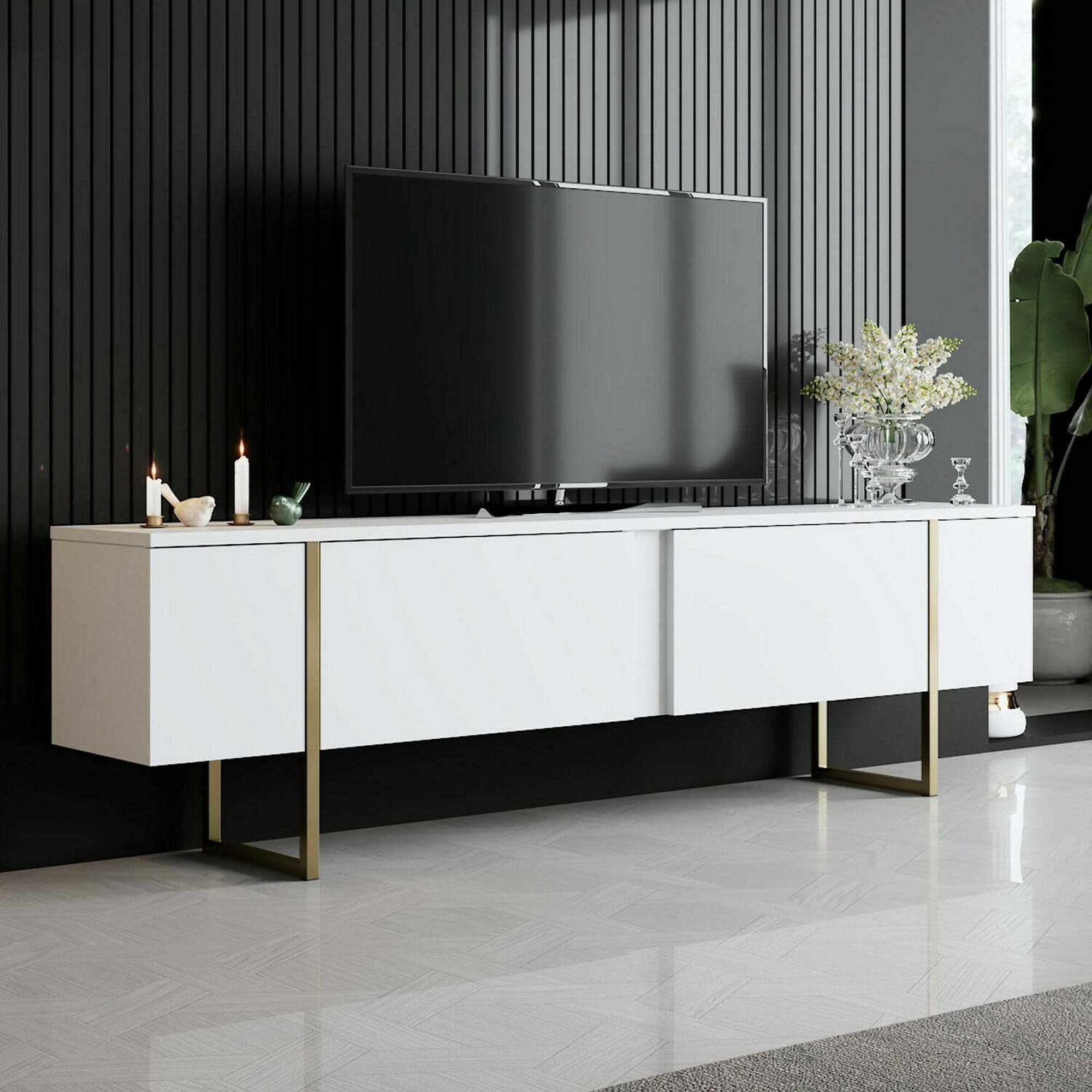 Mobile porta TV Dgridell, Credenza da soggiorno, Armadio basso per TV, Base parete attrezzata, 180x30h50 cm, Bianco e Oro