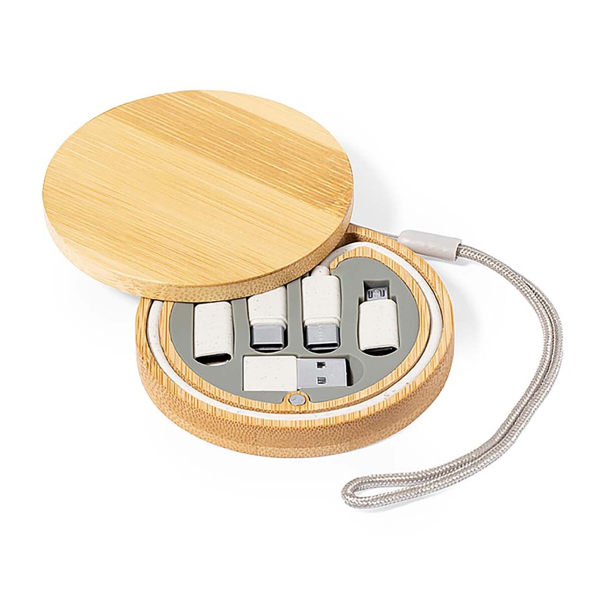 Set Cables Cargador/datos bambú. Conexión Micro USB, Tipo C y Lightning 5V DC 3A