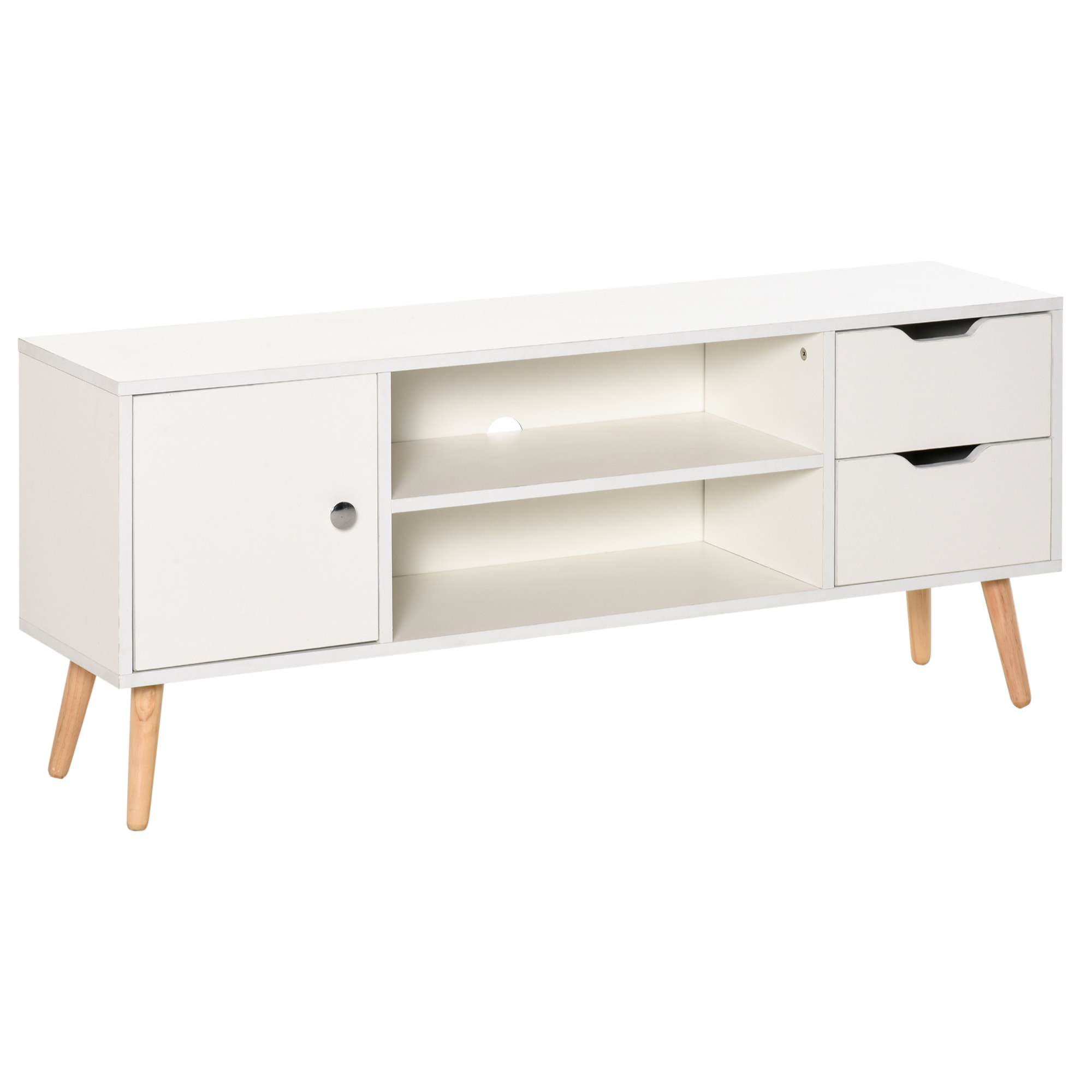 Meuble TV banc TV style scandinave placard 2 niches 2 tiroirs passe-fils panneaux particules blanc bois pin