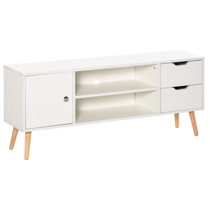 Meuble TV banc TV style scandinave placard 2 niches 2 tiroirs passe-fils panneaux particules blanc bois pin