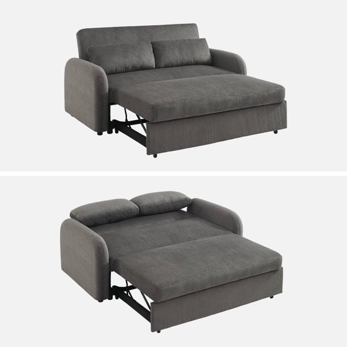 Canapé convertible arrondi 2 places velours côtelé gris foncé L 168 x P 90 x H 88cm - Lino