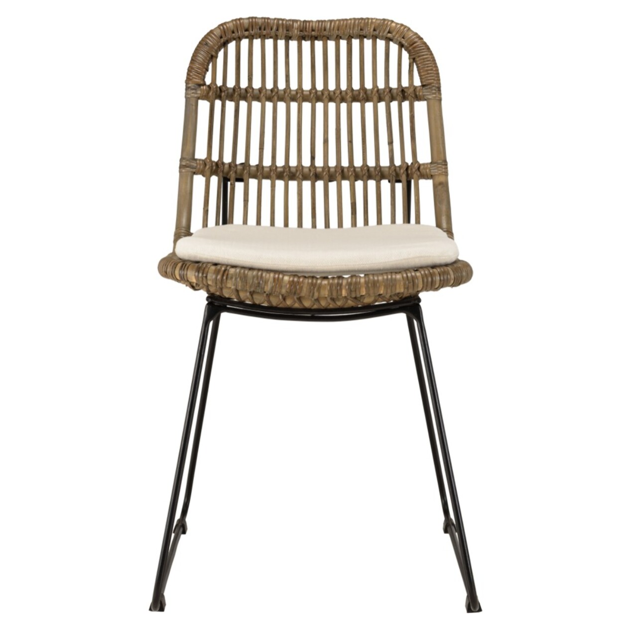 KALLY - Lot de 2 chaises en rotin grisé coussin blanc pieds métal noir