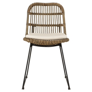 KALLY - Lot de 2 chaises en rotin grisé coussin blanc pieds métal noir
