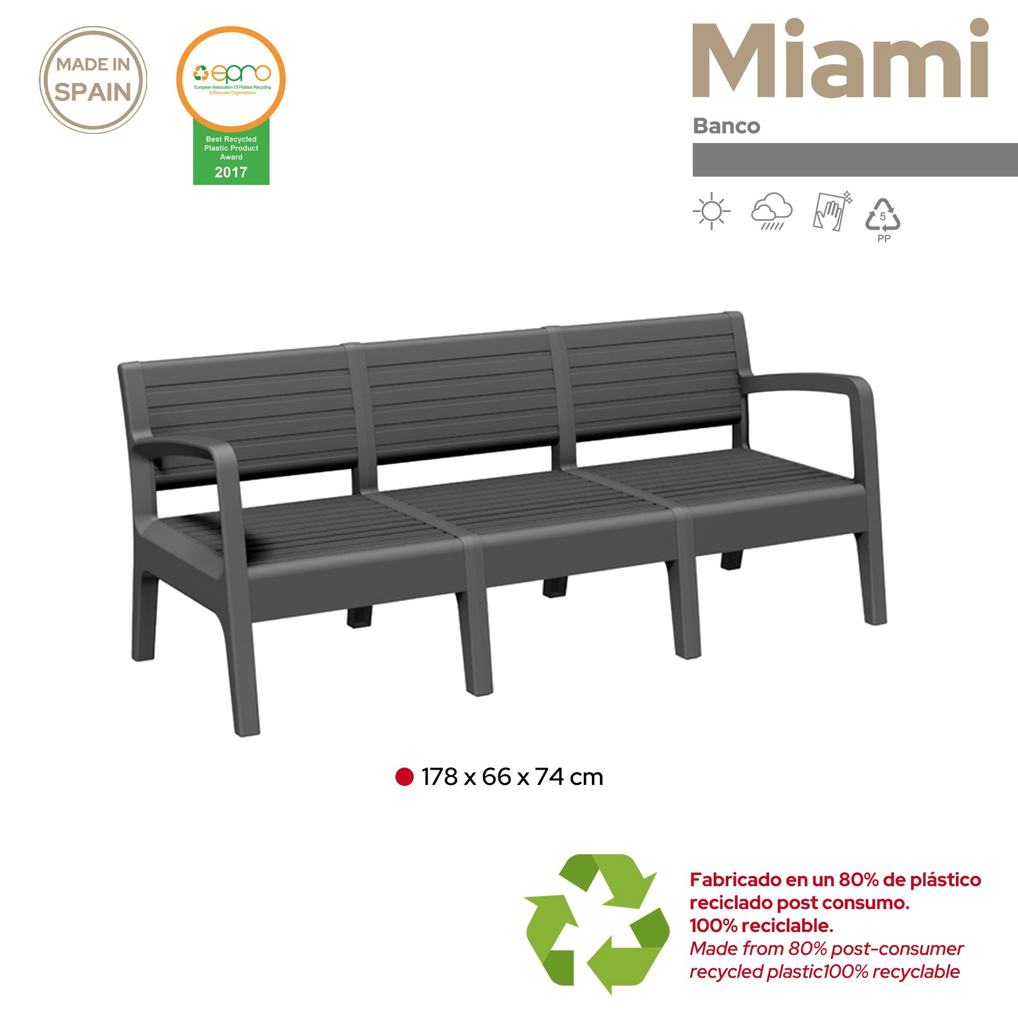 Banco de jardín miami tres plazas grafito