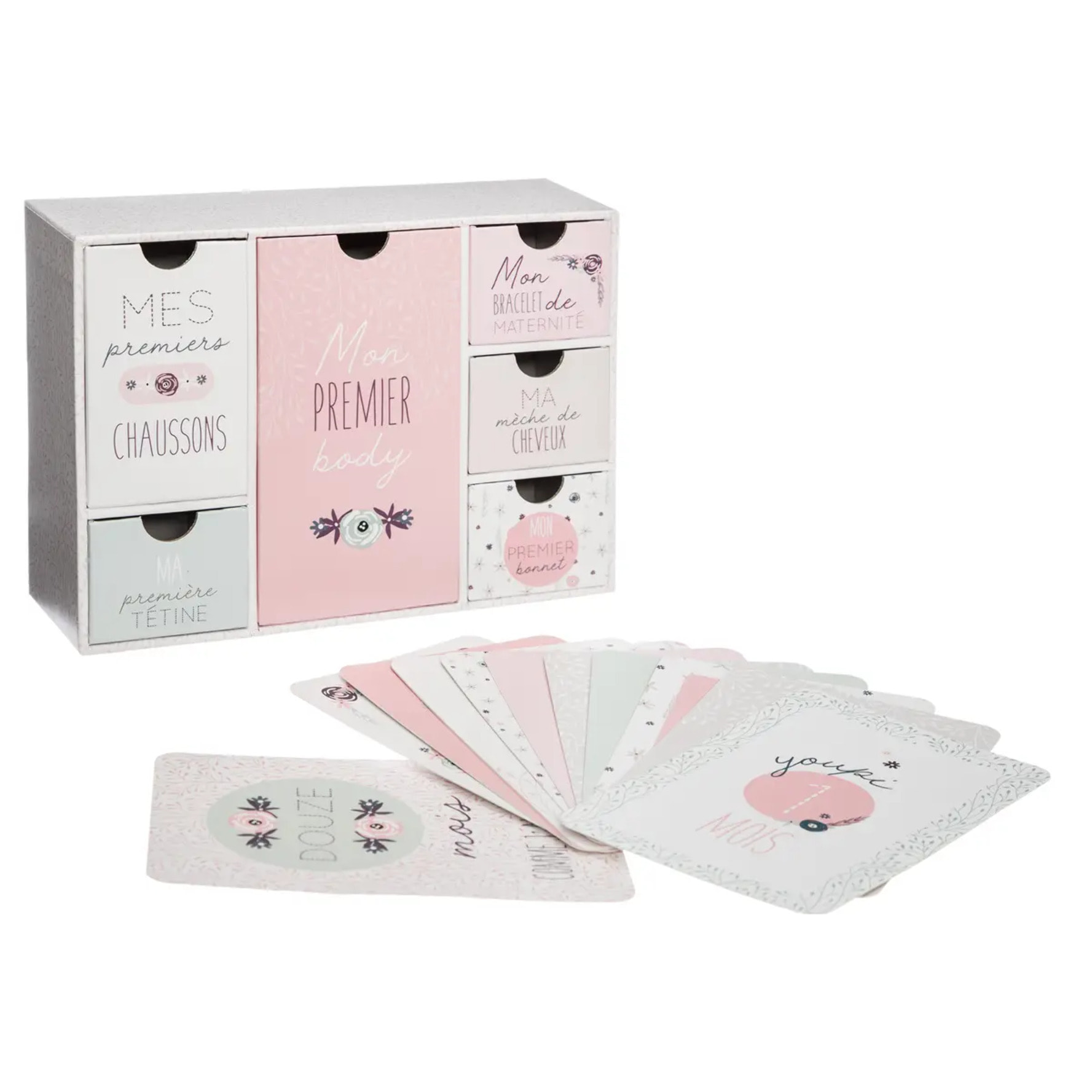 Coffret de naissance souvenirs 6 tiroirs PPR et 12 cartes