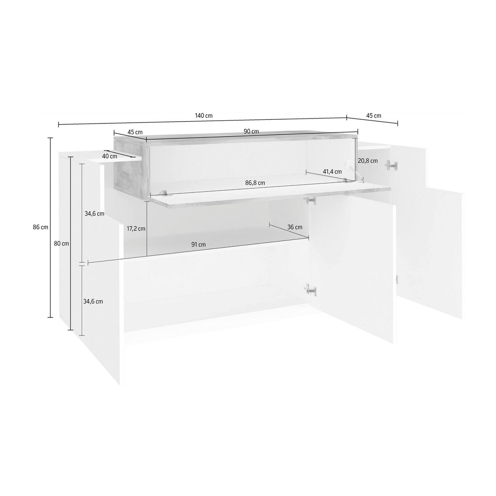 Credenza moderna, Madia di design a 4 ante, Made in Italy, Mobile Porta TV, Buffet da soggiorno, cm 140x45h86, colore Bianco lucido e Acero