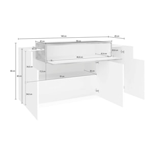 Credenza moderna, Madia di design a 4 ante, Made in Italy, Mobile Porta TV, Buffet da soggiorno, cm 140x45h86, colore Bianco lucido e Acero