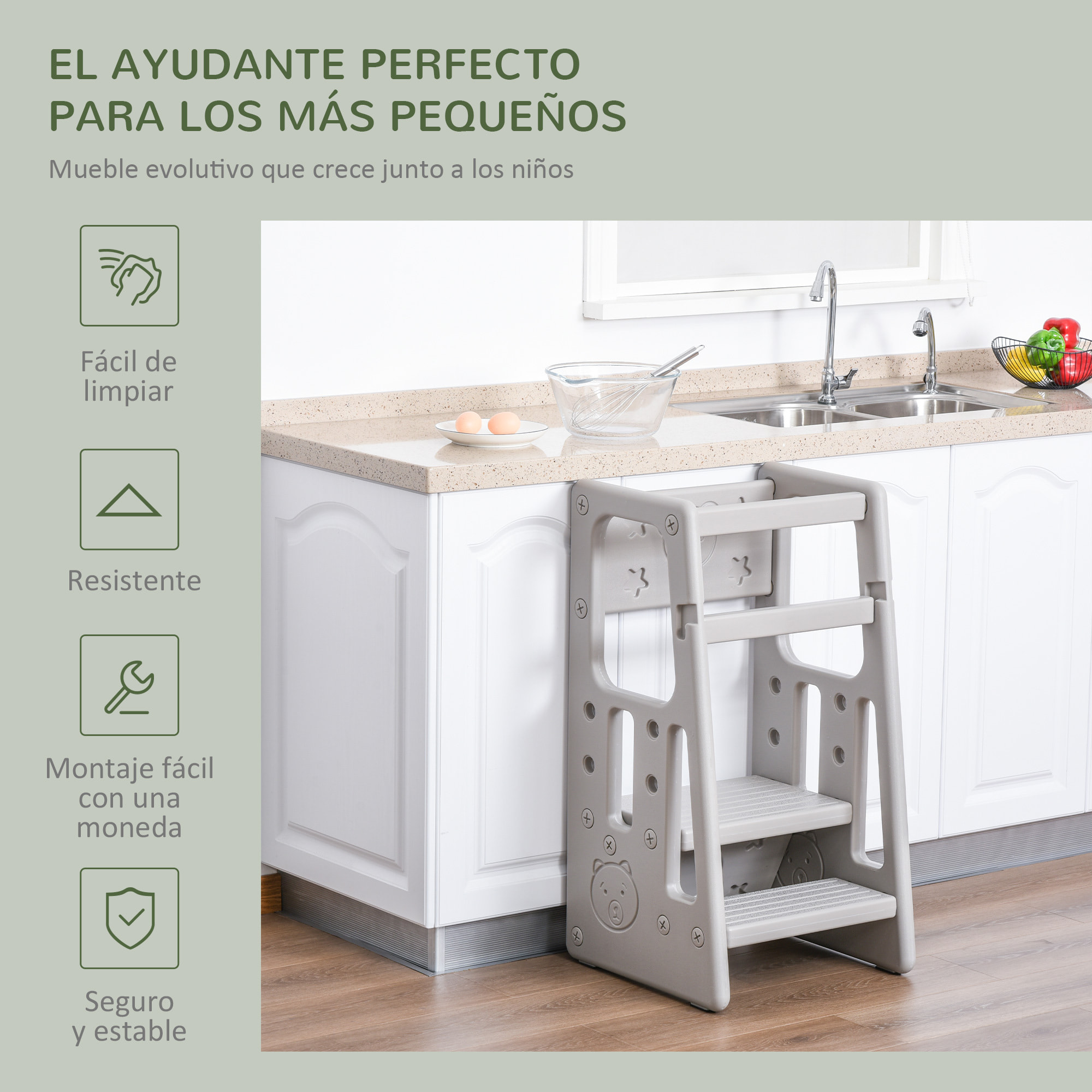 Torre de Aprendizaje para Niños Taburete Infantil con Altura Ajustable en 3 Posiciones y Plataforma Antideslizante para Cocina Comedor Baño 47x47x90 cm Gris