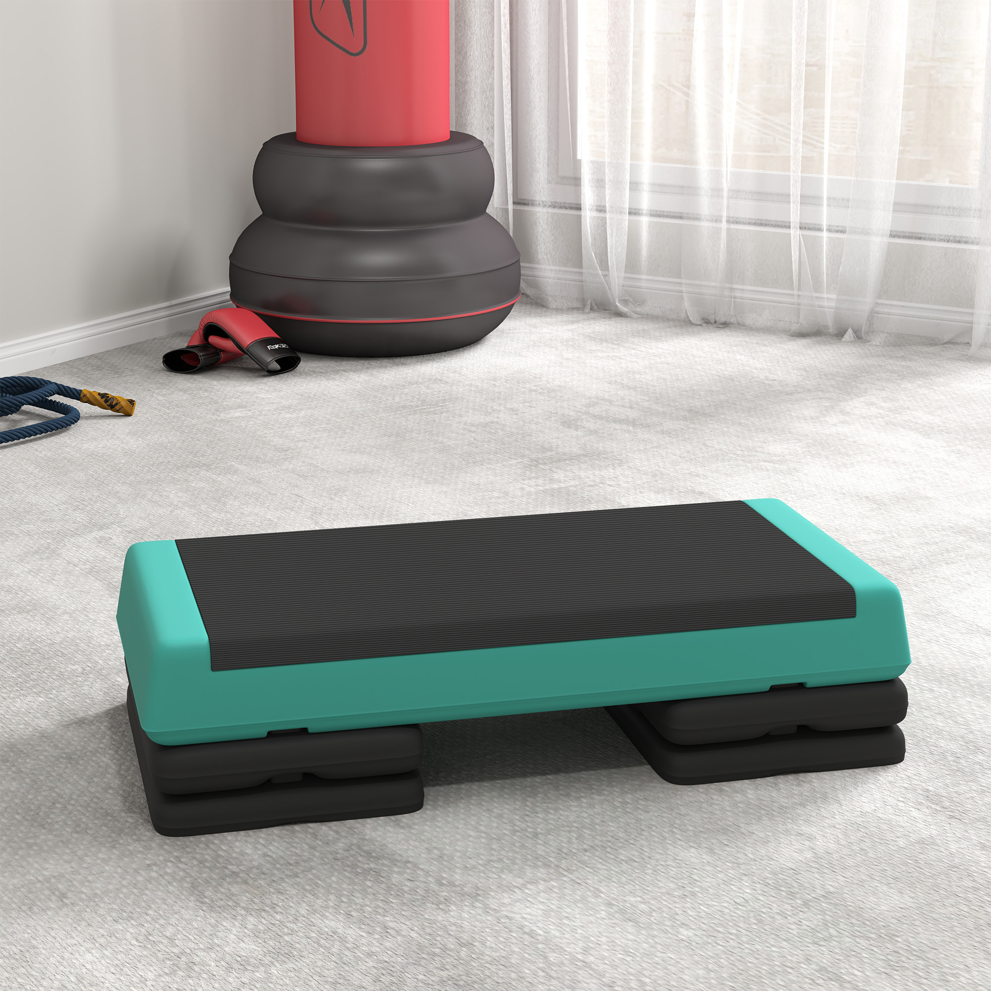 Step de Aeróbic, Step para Fitness Antideslizante, Altura Regulable 3 Niveles de 10,5/15,5/20,5 cm, Carga 250 kg, para Ejercicio en Casa, Gimnasio, 77x36x20,5 cm, Verde y Negro