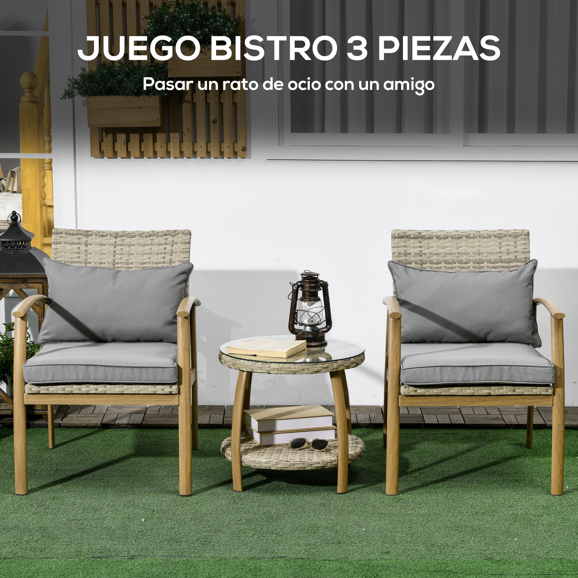 Conjunto de Mesa y Sillas de Jardín para Exterior Juego de 3 Piezas Sillas y Mesa de Ratán con Marco de Aluminio Incluye 2 Sillas 1 Mesa de Vidrio Templado y Cojines Natural y Marrón