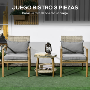 Conjunto de Mesa y Sillas de Jardín para Exterior Juego de 3 Piezas Sillas y Mesa de Ratán con Marco de Aluminio Incluye 2 Sillas 1 Mesa de Vidrio Templado y Cojines Natural y Marrón