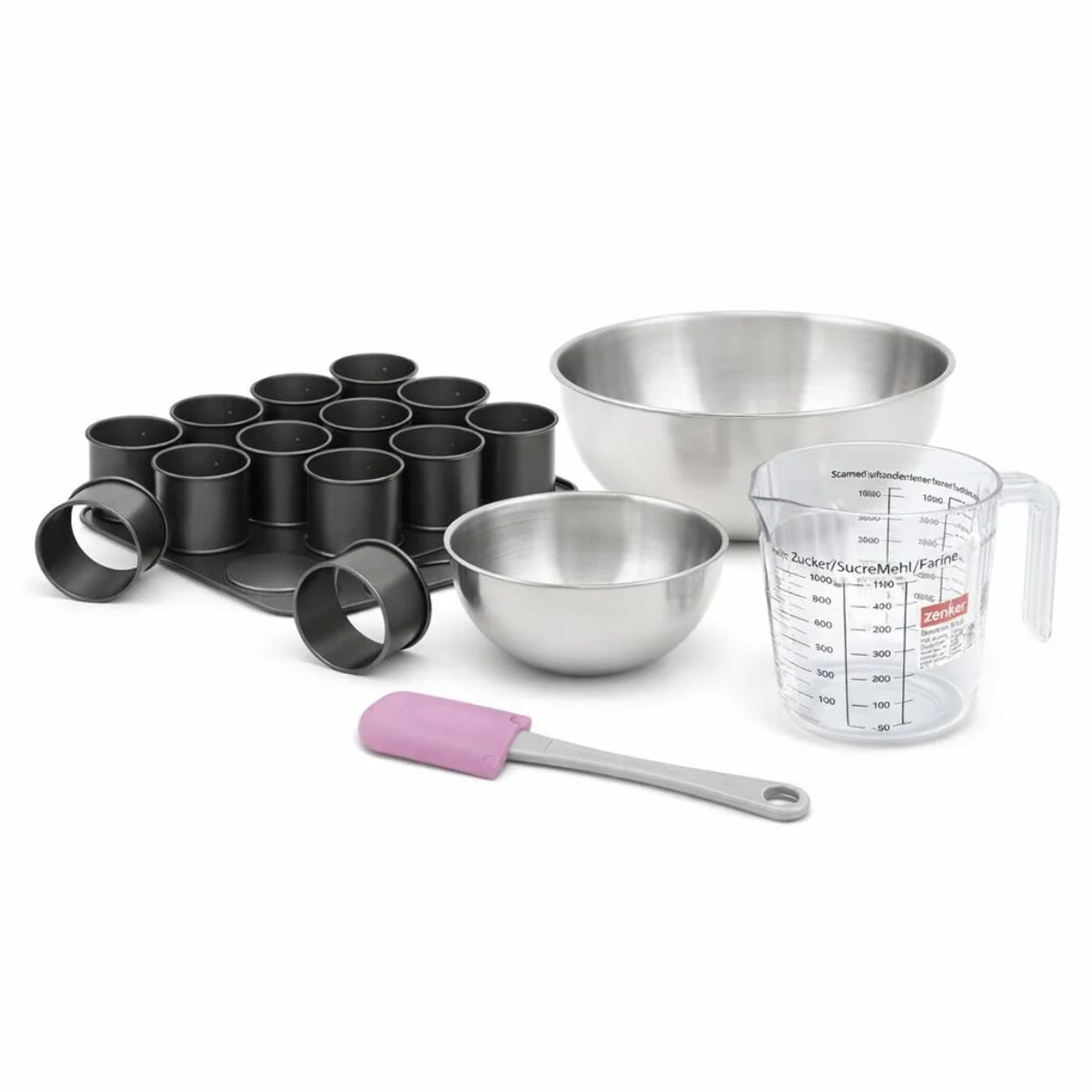 Set à pâtisserie 1 plaque de 12 mini-moules 2 bols à mixer 1 verre mesureur et 1 spatule Zenker Black Metallic