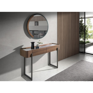 Consola rectangular en madera chapada en nogal natural y tapa de mármol porcelánico blanco con vetas en tonos tierra en brillo 120x40x76cm