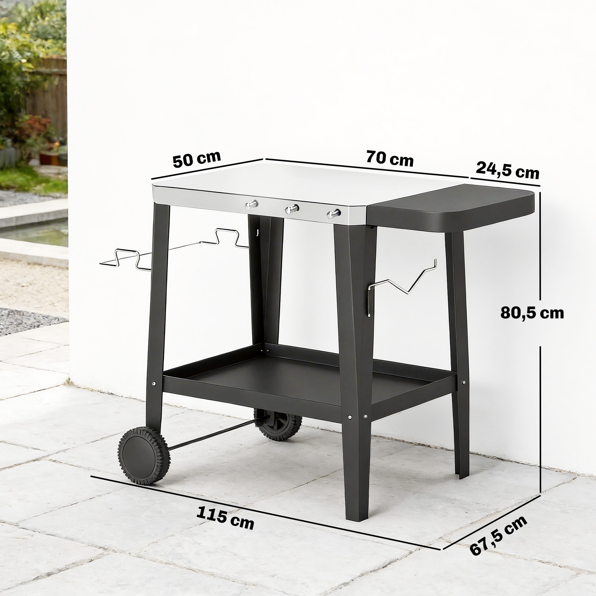 Desserte jardin étagère tablette latérale pliable acier inox noir