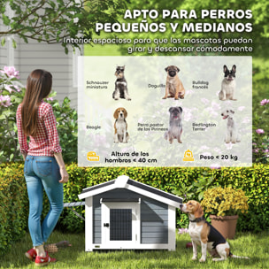 Caseta para Perros Exterior de Madera, Casa para Perros Medianos con Techo Asfático, Suelo Extraíble, Ventana Abatible y Puerta Ventilada, Base Elevada, 98x76x69,5 cm, Gris