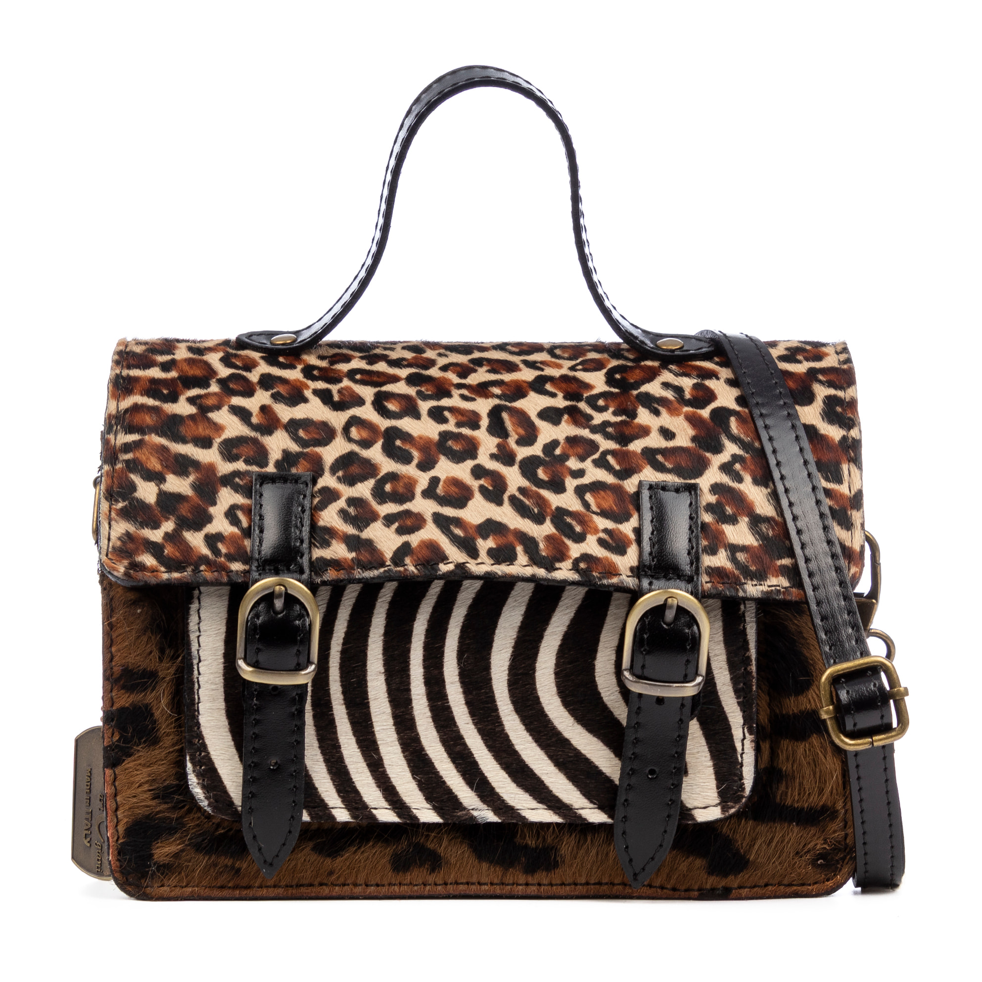 Assoro bolso Satchel con doble hebilla, piel auténtica Cavallino animal print.
