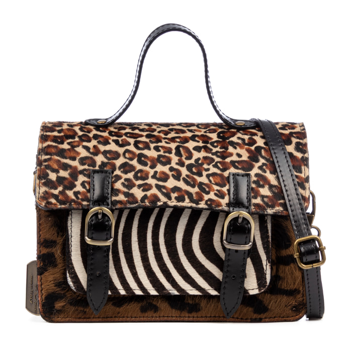 Assoro bolso Satchel con doble hebilla, piel auténtica Cavallino animal print.
