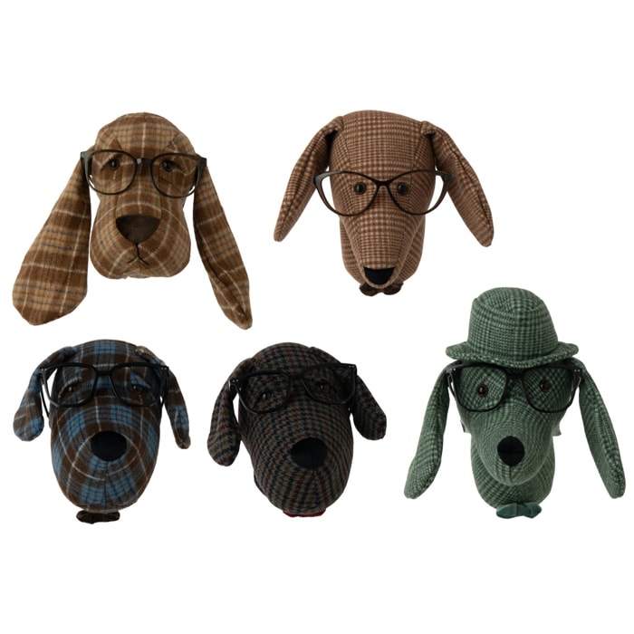 J-Line têtes de chien avec lunettes carreaux - polyester - multicolore - assortiment de 5