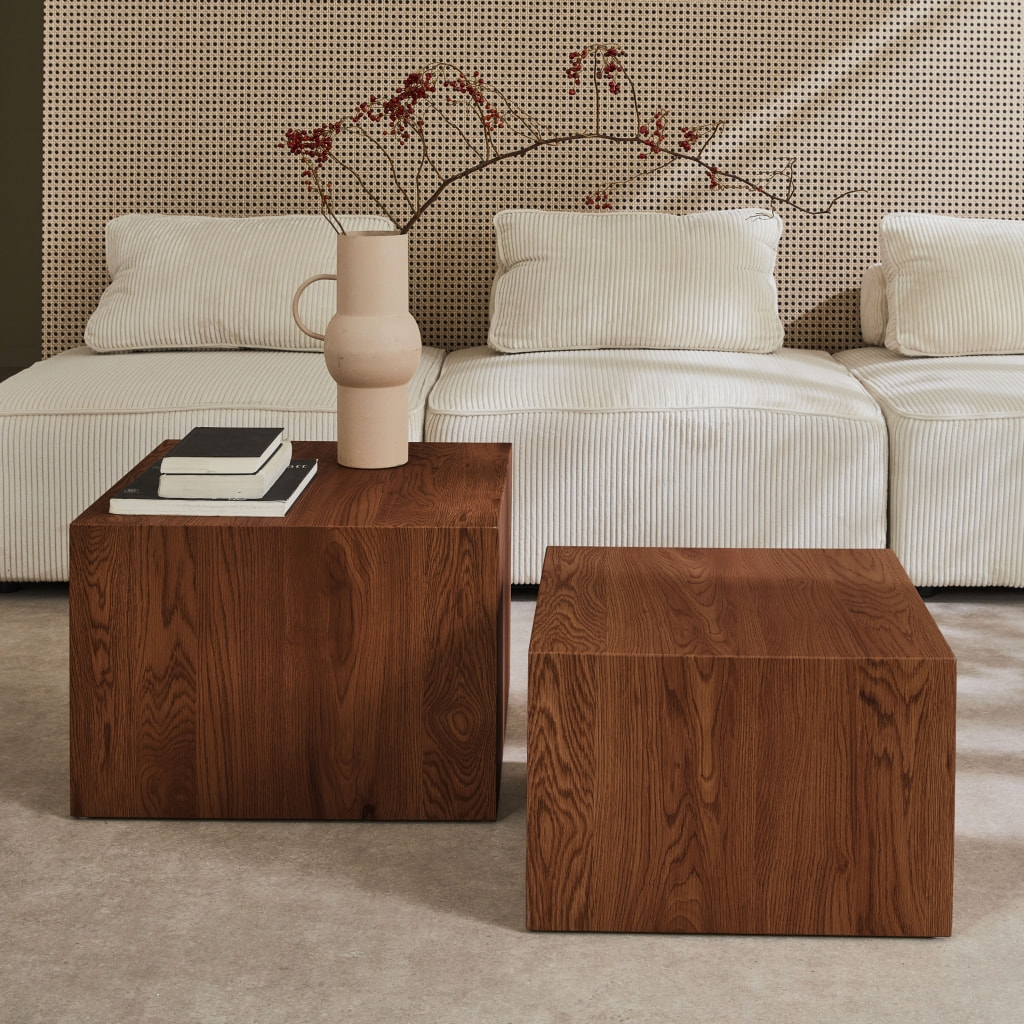 Lot de 2 tables basses rondes effet noyer. Ø58 x H 40cm / Ø50 x H 33cm SYLVA