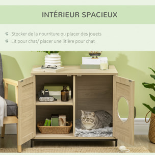 PawHut Meuble maison de toilette pour chat 2 en 1 avec double porte châssis Acier Panneaux Particules Aspect Bois Clair