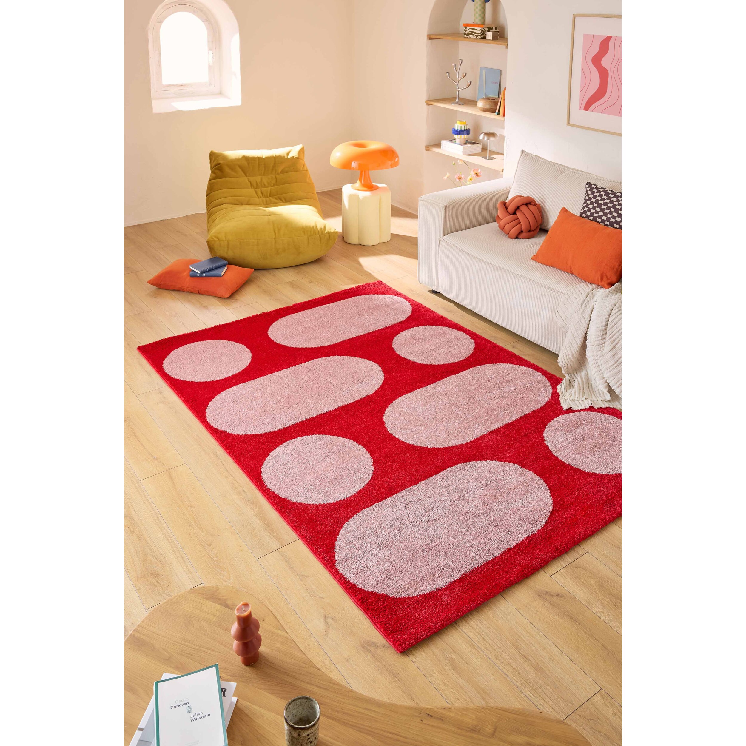 GROOVY - Tapis rétro coloré à motif géométrique - Confortable et moelleux - Rouge