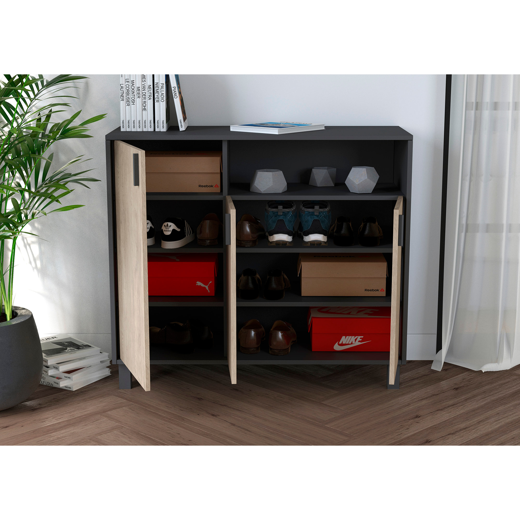 Zapatero Dyrnes melamina grafito puertas roble claro 88x100x37 cm