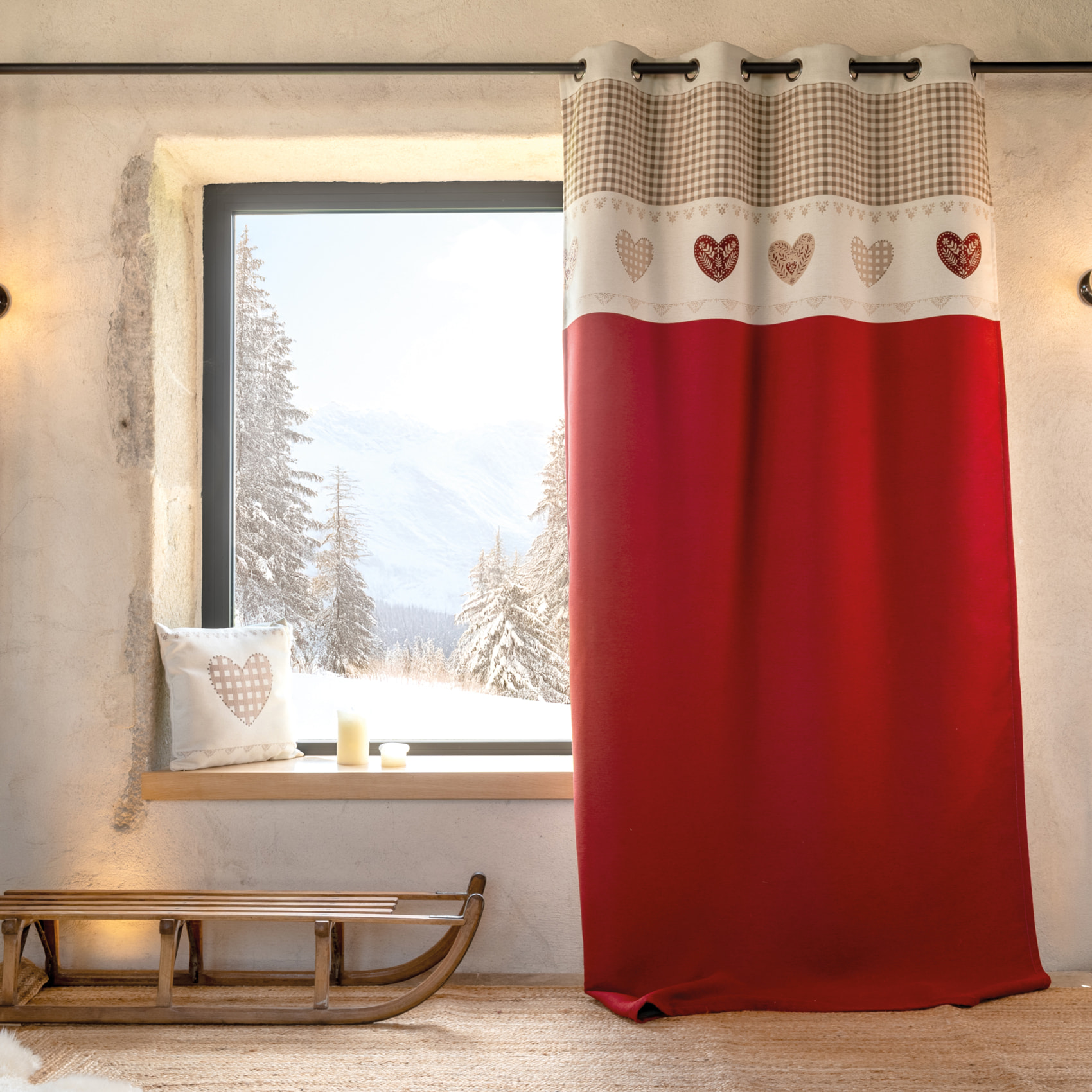 Rideau jacquard à œillets avec haut vichy et motifs cœurs - Rouge