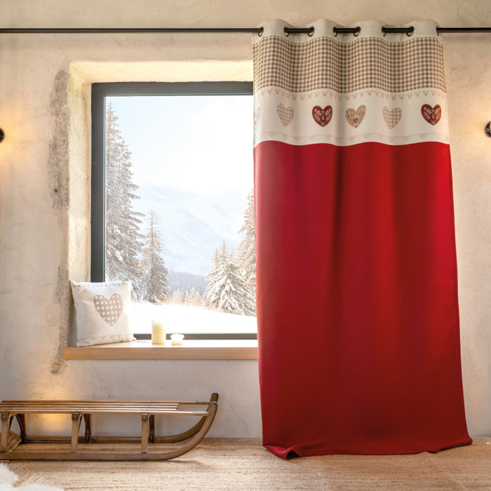 Rideau jacquard à œillets avec haut vichy et motifs cœurs - Rouge