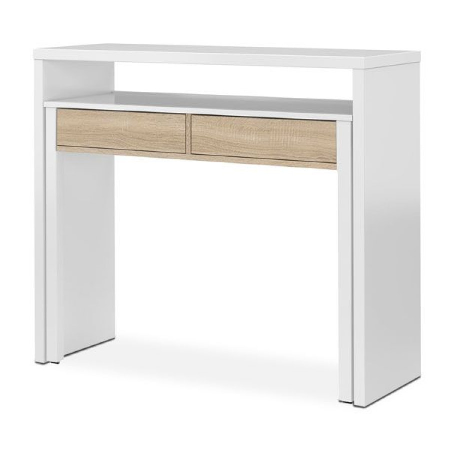 Mesa de escritorio extensible con 2 cajones en blanco artik y roble canadian 98,5x36-70 cm Bureau Blanco Artik (Blanco Mate) - Roble Canadian