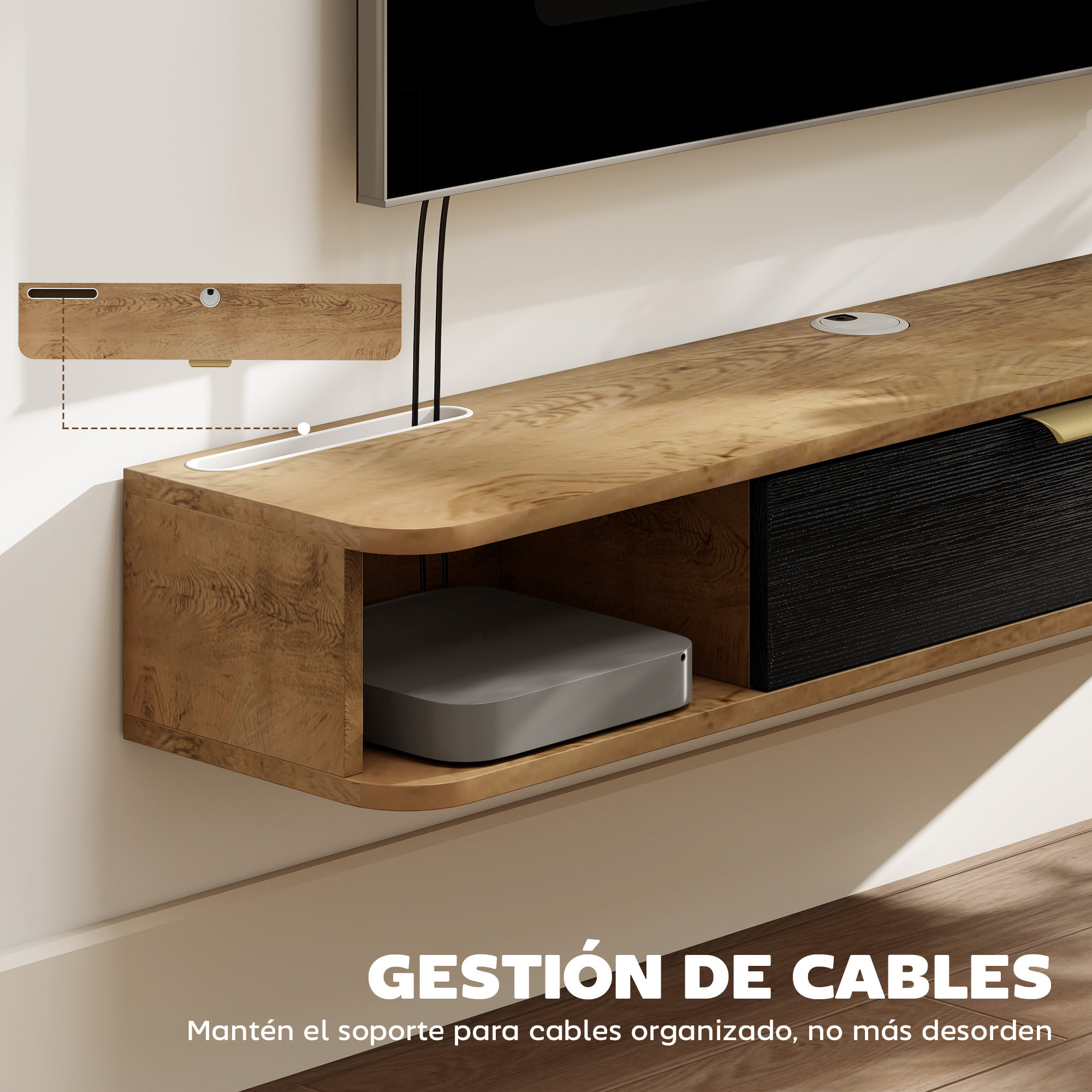 Conjunto de Muebles de Salón, Muebles de TV con Estante de Pared, Puerta, Estantes Abiertos, Orificios para Cables, para Televisión de Pared, 120x24x16 cm, Roble