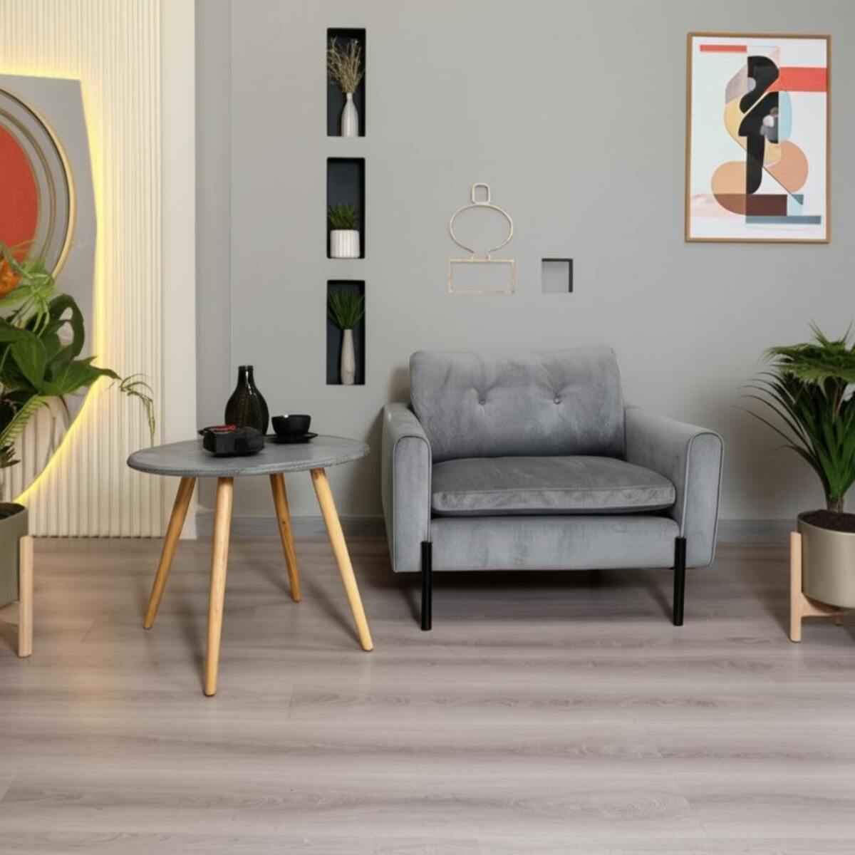 Bout de canapé rond pieds bois et plateau béton D65xH57cm