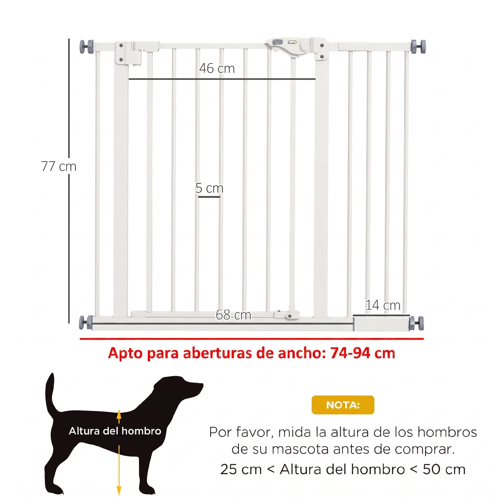 Barrera de Seguridad para Perros Extensible 74-94 cm, para Puertas y Escaleras, Barrera para Perros Medianos, Cierre Automático Montaje a Presión Doble Bloqueo 1 Extensión 14 cm, Blanco