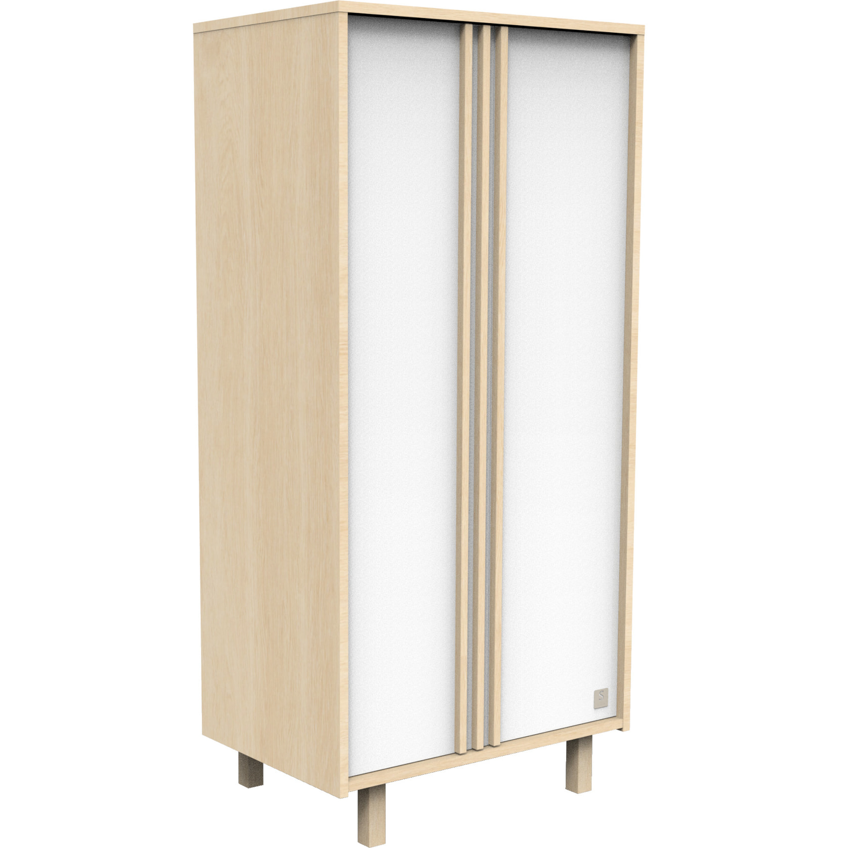 Armoire 2 portes en décor chêne velours et blanc avec appliques en bois