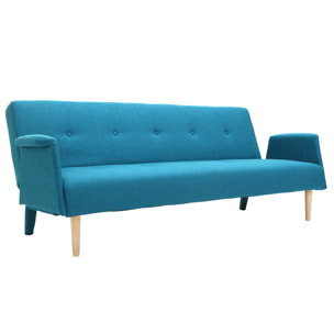 Canapé convertible scandinave 3 places en tissu bleu canard et bois clair OSCAR