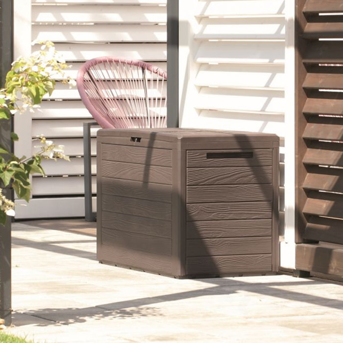 Baul de jardin 280 litros Prosperplast Woodebox de plastico en color ocre oscuro 116 x 43,8 x 55 cm