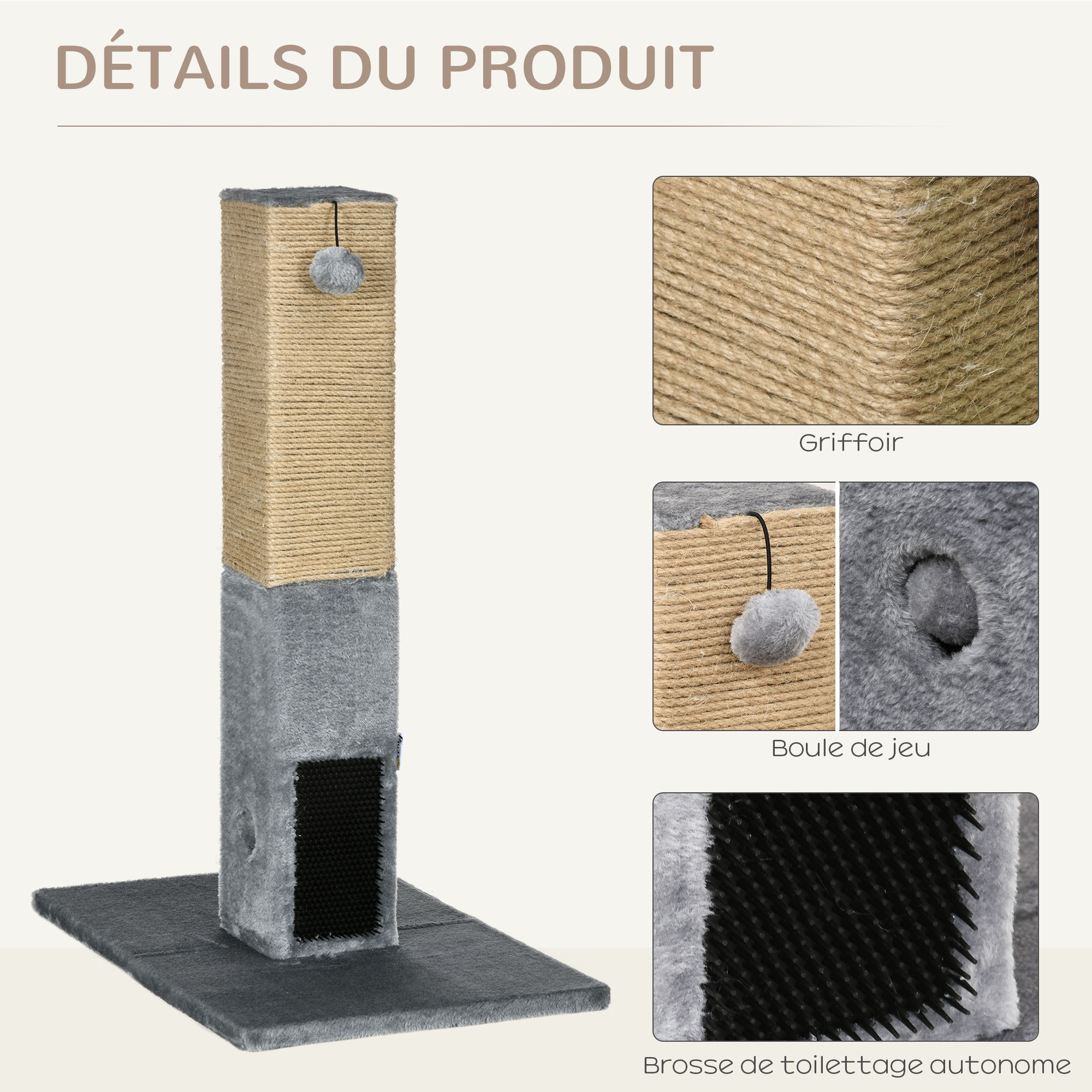 Griffoir chat H.79 cm - jeu boule suspendue et boule clochette, 2 bandes massantes - gris