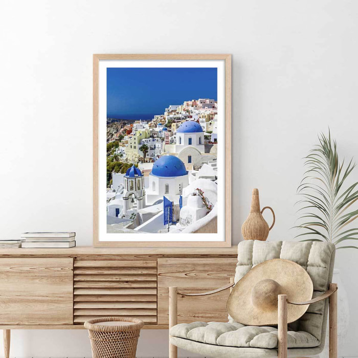 Poster dôme bleu sur les cyclades Affiche + cadre en bois - Chêne
