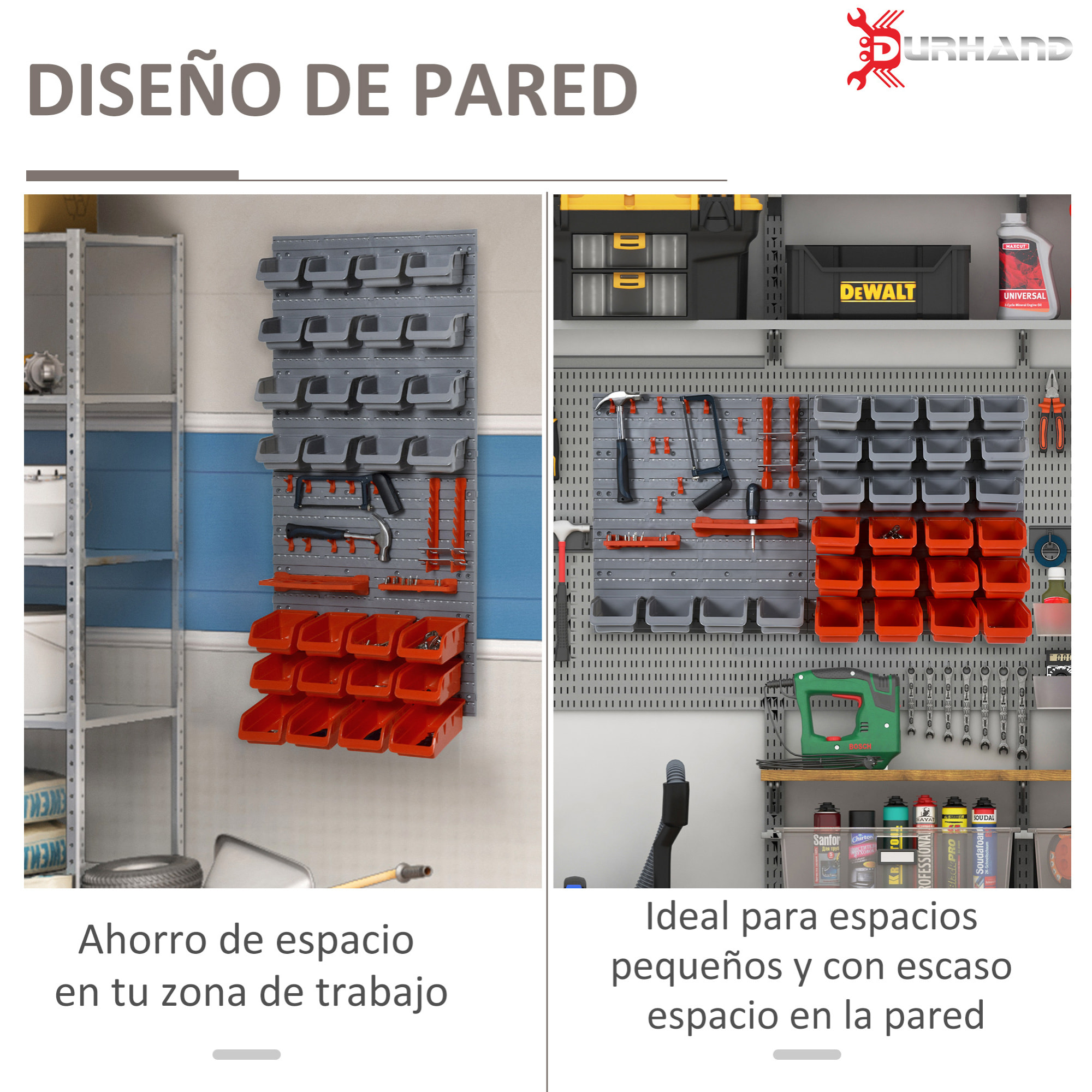 DURHAND Estante de Pared Organizador para Herramientas Estanterías de Almacenaje con 28 Cajas Apilables y Diferentes Ganchos 54x22x95 cm Gris y Rojo