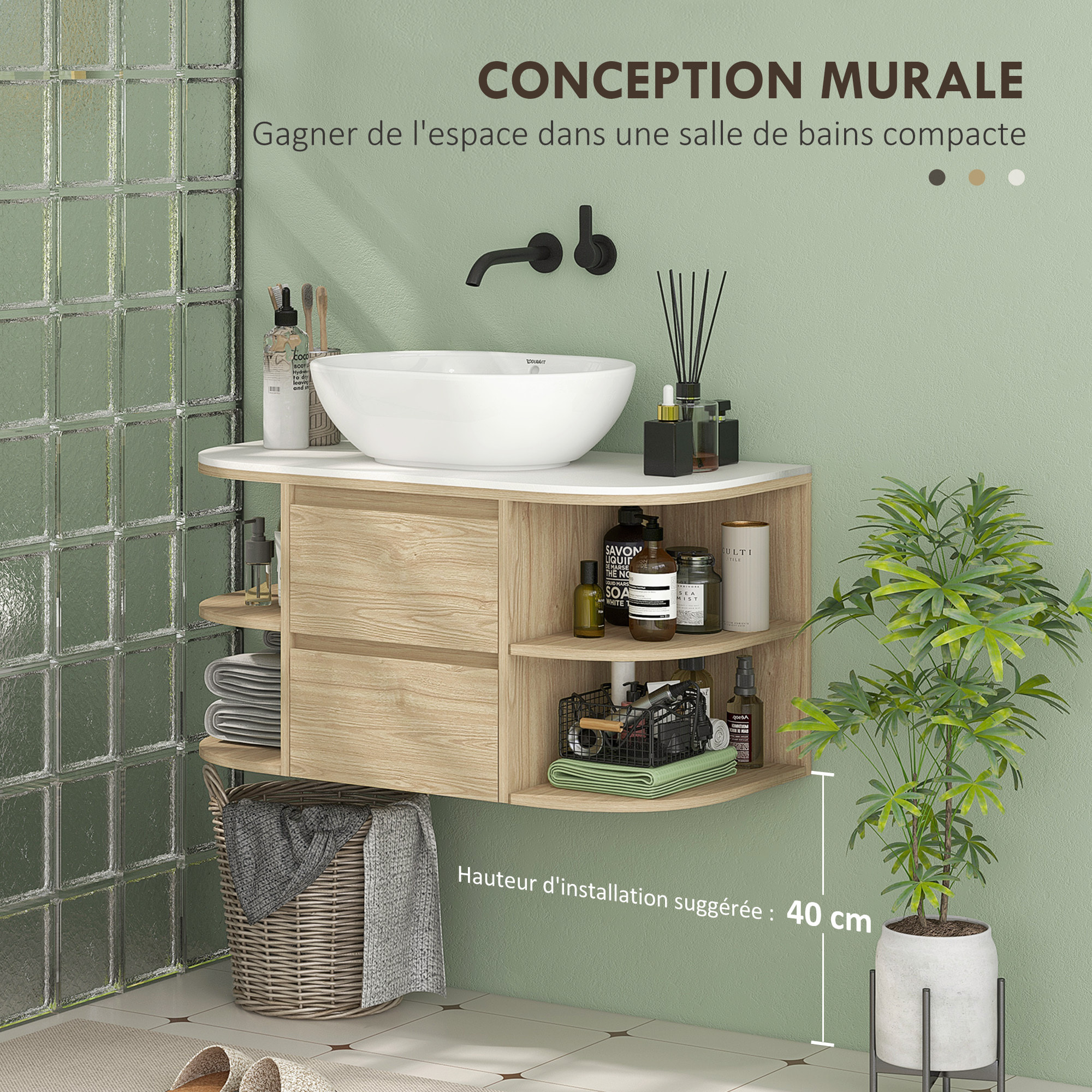 Meuble sous lavabo suspendu, meuble sous vasque, meuble salle de bain mural avec tiroirs à fermeture douce et étagères - dim. 90l x 45P x 46H cm, marron