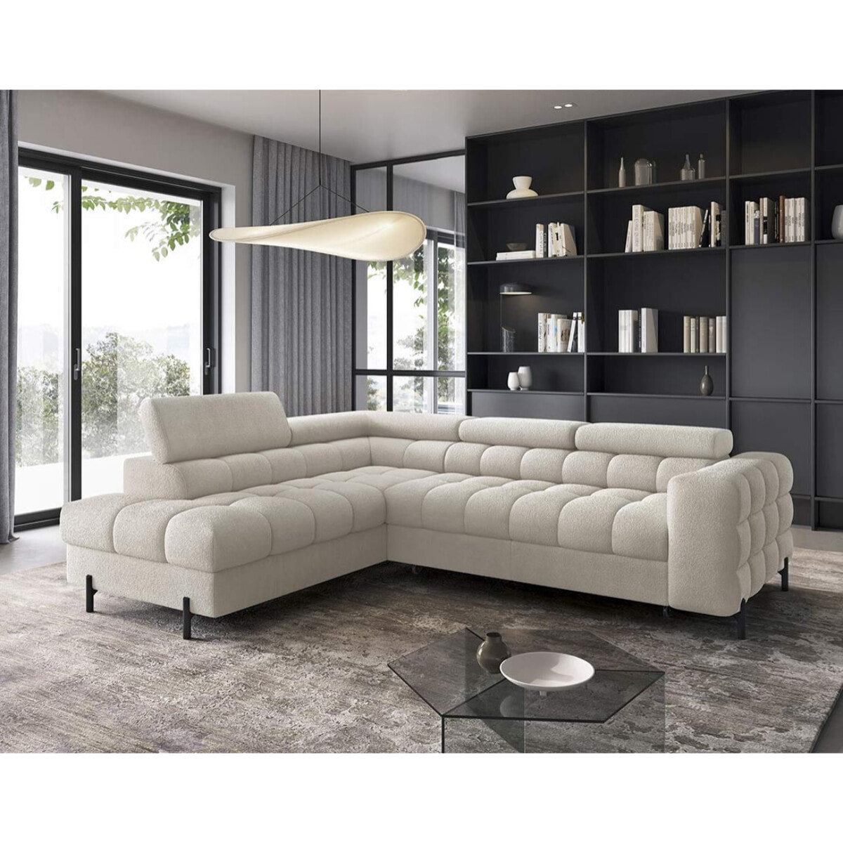 Elisa - canapé d'angle gauche 5 places convertible avec coffre et têtières réglables en tissu bouclette - Beige