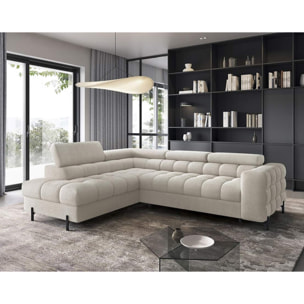 Elisa - canapé d'angle gauche 5 places convertible avec coffre et têtières réglables en tissu bouclette - Beige