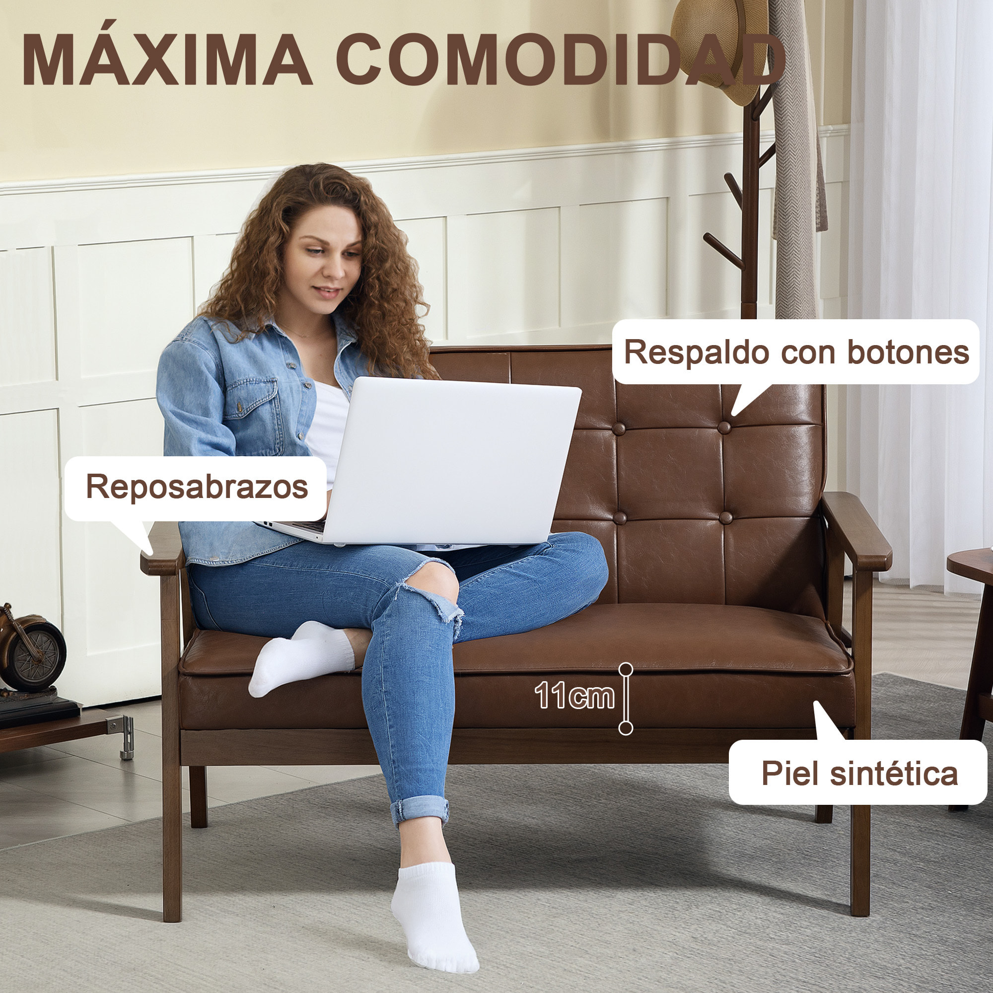 Sofá de 2 Plazas Tapizado en PU Sofá de Salón con Reposabrazos de Madera Respaldo Acolchado Carga 250 kg Sofá Pequeño para Dormitorio Marrón